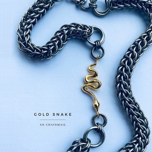 Handmade Stainless Steel Chainmail Choker: Gold Snake Pendant