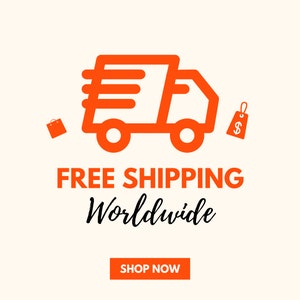 May include: Orange delivery truck icon with a shopping bag and price tag, text reads "FREE SHIPPING Worldwide" and "SHOP NOW" in a button.