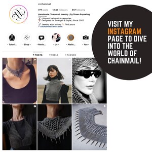May include: A collection of chainmail jewelry pieces, including necklaces, collars, and a top. The jewelry is made of silver metal and has a variety of designs. The image also includes a text overlay that says "VISIT MY INSTAGRAM PAGE TO DIVE INTO THE WORLD OF CHAINMAIL!"