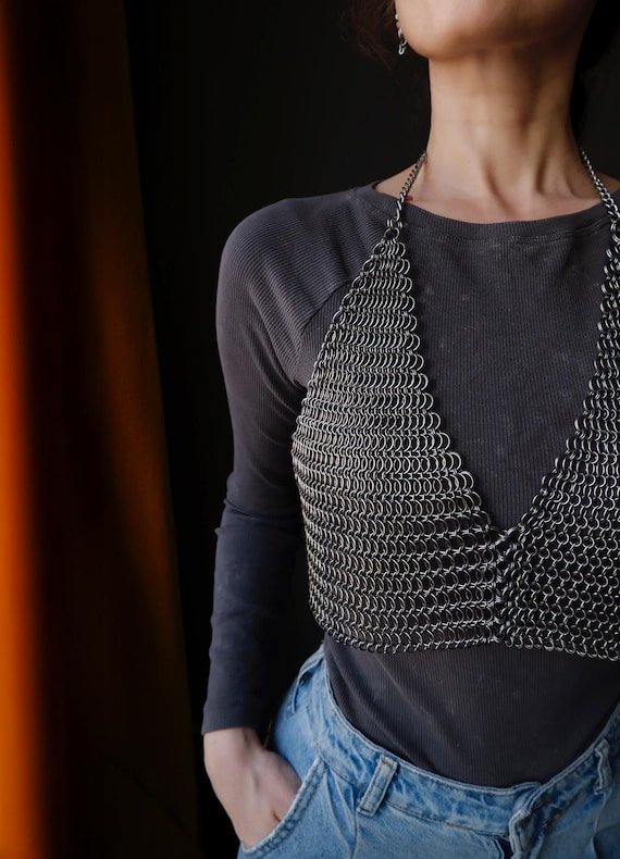Chainmail Armor Bustier Top with Arrangeable Back / Gunmetal Black Color