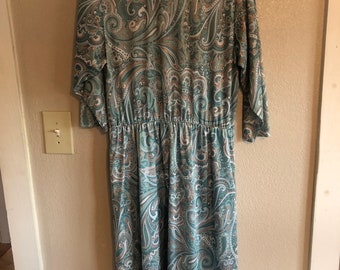 plus size dress green dress 1990s 90s VTG dress XL XXL dress seafoam green  paisley dress womens secretary dress 3/4 length sleeve dress