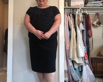 plus size dress black dress 1980s 80s VTG dress XL 1X dress polka dot design dress womens secretary dress short sleeve dress