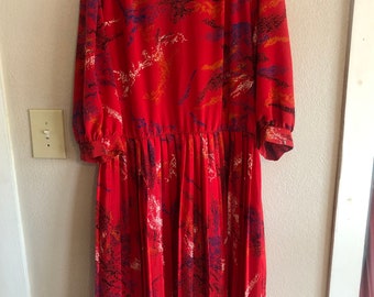 red dress vintage 1980s 80s VTG dress L XL dress splatter paint design dress womens secretary dress 3/4 sleeve dress