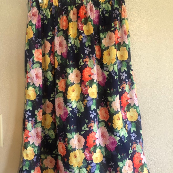 plus size skirt blue pink floral skirt vintage fabric skirt elastic waist skirt plus size fashion 1980s 80s mid-calf skirt