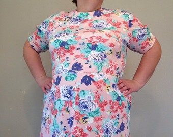 1990s pink dress plus size pink dress vintage floral dress VTG vintage dress XL pink dress floral knit dress short sleeve XL dress