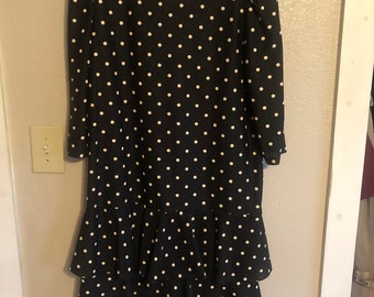 Black dress vintage 1980s 80s VTG dress L XL dress polka dot dress womens secretary dress 3/4 sleeve dress
