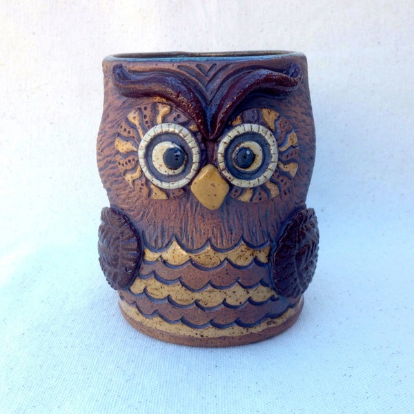 Owl Mug - Hand Built and Carved - Stoneware Rustic Look & Highly Textured - Ooak