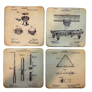May include: Set of four square coasters with vintage billiard-themed patent illustrations. Each coaster features a different design, including a billiard ball, table, cue, and ball rack. The coasters have a sepia-toned background.