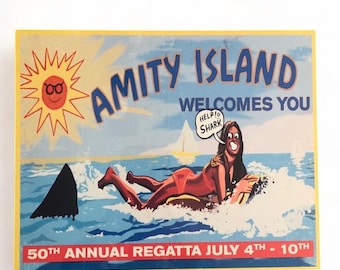 Jaws sign, Amity Island, No swimming beach closed, Movie sign, metal magnetic sign, rustic sign