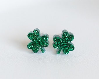 Shamrock Stud Earrings, Saint Patrick's Day Earrings, Lucky Shamrock Earrings, Clover Studs, Glitter Acrylic Earrings