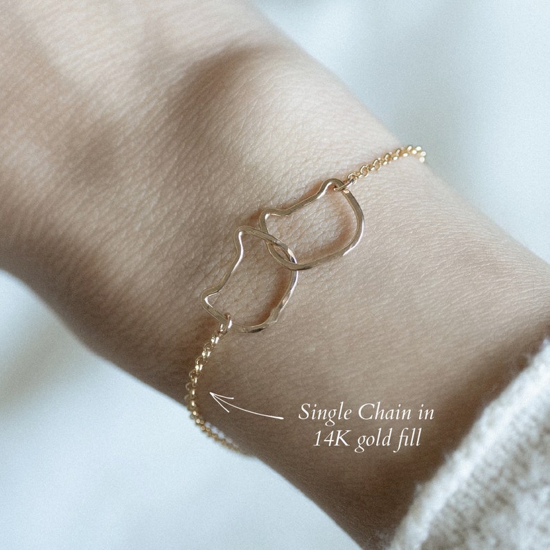 Handmade Bracelet for Cat Lovers, double cat charm bracelet, dainty gold filled sterling silver bracelet, gift for cat lovers Single Chain-Gold