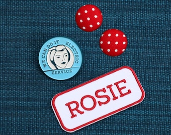 Enamel pin with Rosie the Riveter Polka dot Earrings, and Patch