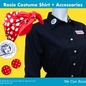 S-XXL Rosie the Riveter Costume, shirt, patch, headband, Lapel Pin, Halloween