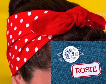 Rosie the Riveter - 3-piece set - Lapel pin, Iron-on Patch, and head wrap headband in red polka dot