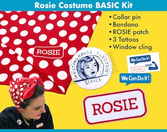 SALE Rosie the Riveter Costume Kit, bandana in red polka dot and Rosie Pin and name patch for Halloween Costume, BASIC kit