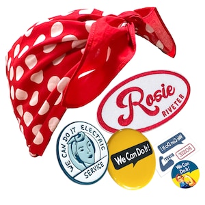May include: A set of four vintage-style pins and patches featuring a red and white polka dot bandana, a red oval patch with the text "Rosie Riveter", a blue circular pin with the text "We Can Do It! Electric Service", a yellow circular pin with the text "We Can Do It!" and a sticker with the text "We Can Do It! Rosie Riveter".