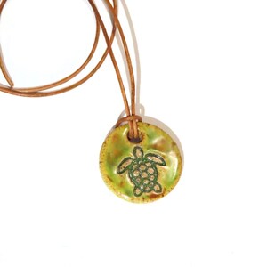 Rustic Sea Turtle Green Pendant Necklace, Ceramic Pendant, Leather Cord Necklace, Pottery Necklace, Ceramic Jewelry