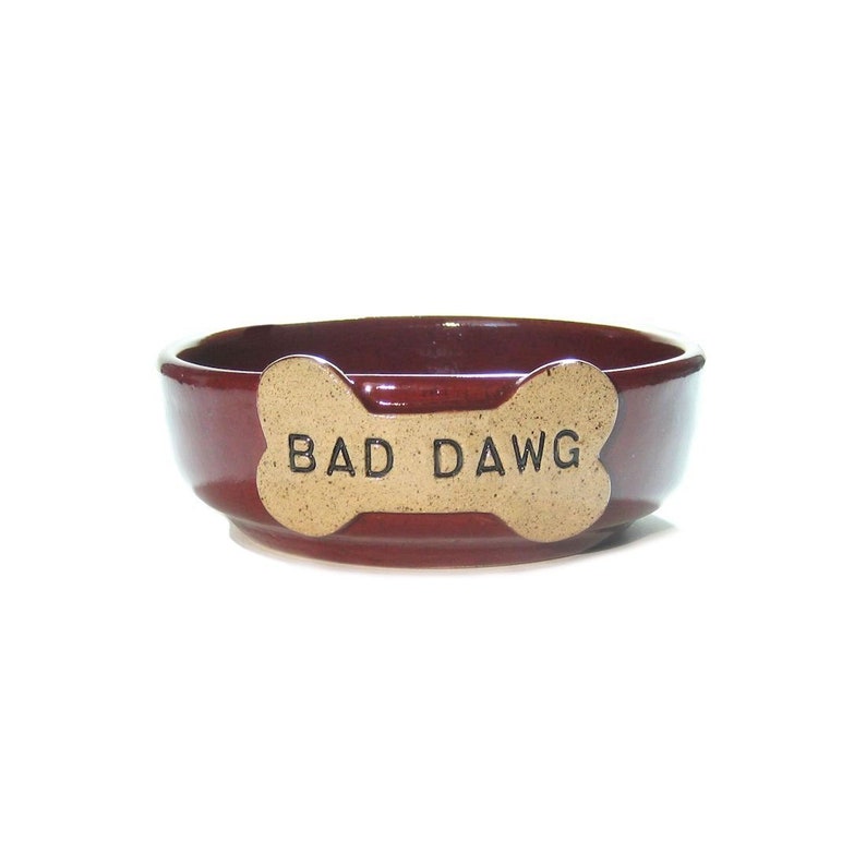 Stoneware Animal Food Dish Feeding Dish Dog Gift Bad Dawg New Puppy Red Ceramic Stamped Bone Dog Bowl Dog Present