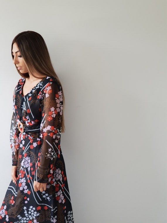 70s Vintage Maxi / Boho / Floral Chiffon Dress