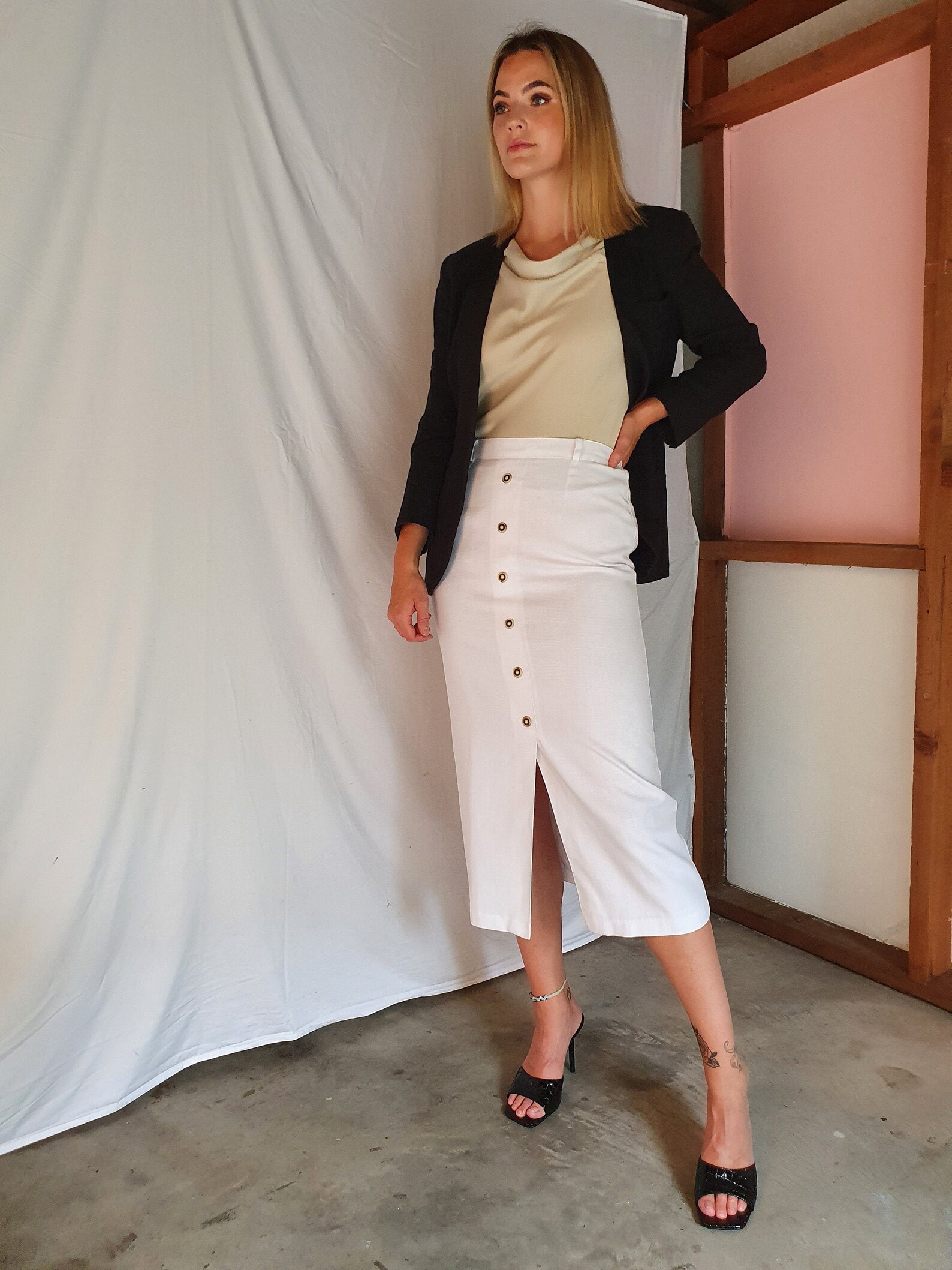 Vintage White Linen Blend Straight Midi Skirt With Faux Button | Etsy