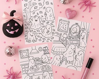 8 páginas para colorear de fantasmas espeluznantes y adorables / Hojas para colorear de Halloween para niños y adultos / Libro imprimible de fantasmas para colorear