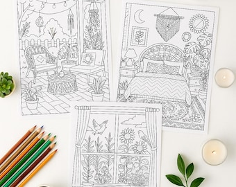 Lot de 6 pages à colorier Boho Cosy Home - 6 feuilles à colorier - Scènes d'intérieur et de jardin bohèmes - Art-thérapie de la pleine conscience - Téléchargement immédiat