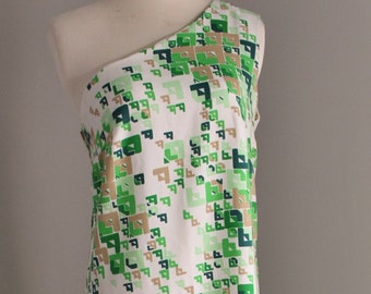 Vintage 70's Green White and Gold Abstract Block Print One Shoulder Maxi Dress Side Zipper Floor Length