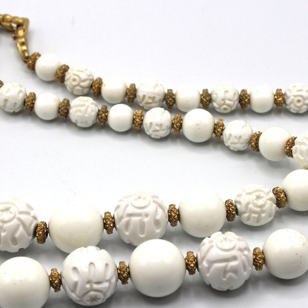 Vintage Monet White Round Lucite Beaded Necklace- Graduated with Carved and Plain Beads-Gold Tone Accents-Classy-Versatile