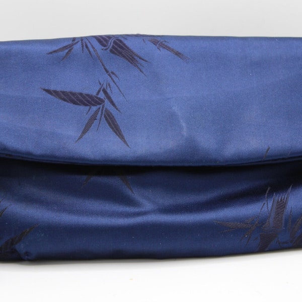 Vintage 60s Silk Satin Navy Blue Fold Down Top Clutch by M. Yamamoto & Co Top Zipper Encloser Metal Bamboo Pattern Rare Handbag Soft Clutch