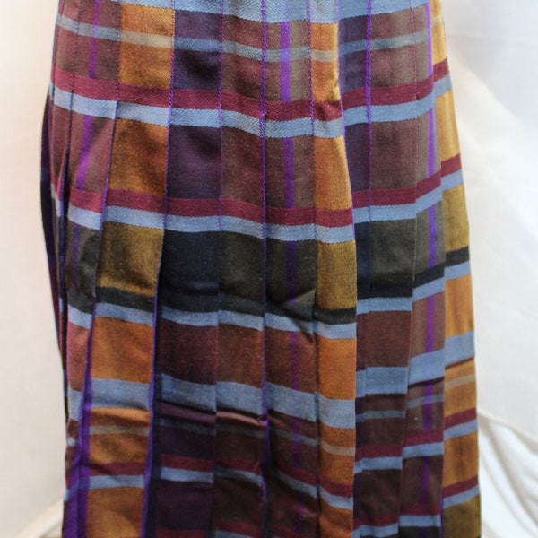 Vintage Rene Pontier France 100% Wool Pleated Midi Skirt/Tartan/Plaid/Size 14/Royal Purple Cranberry Brown Light Blue Pumpkin Orange