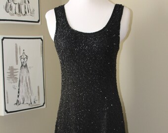 Vintage Black Beaded Dress-Short-Sleeveless-Full Skirt-Fit N Flare-All Beaded-80's-Size US Medium