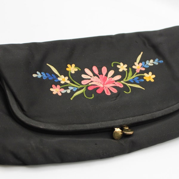 Vintage 50s Ingber Black Fold Over Clutch with Bright Colorful Embroidered Flowers with Leaves-Clutch-Day or Evening Bag-Designer