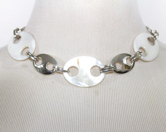 Boho Silver Tone Necklace w/ Flat Mother of Pearl Stones and Flat Large Silver Tone Spacers Connected with Large Silver Tone Rings-Stunning