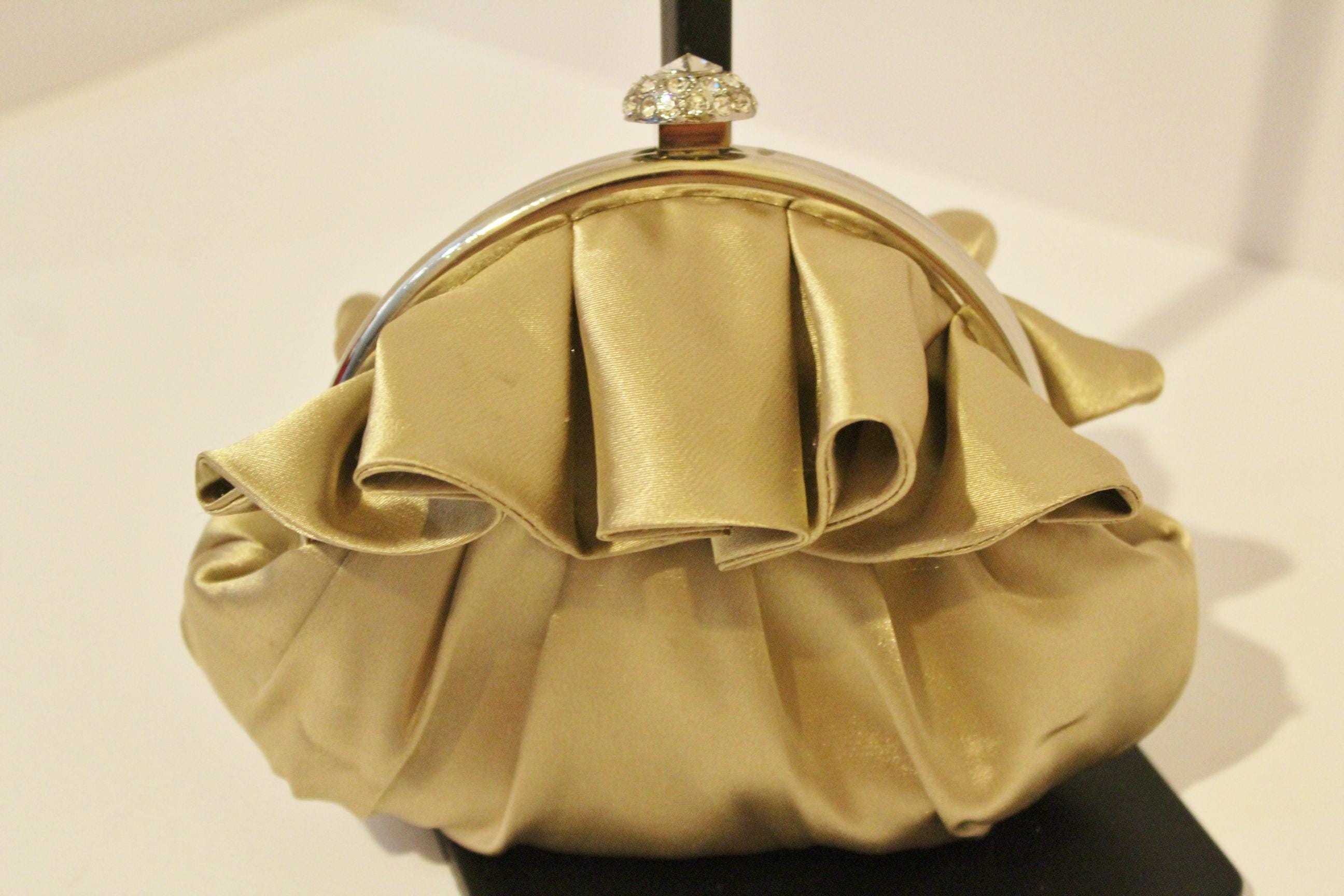 Lulu Townsend Gold Satin Formal Clutch Purse Rhinestone/silver