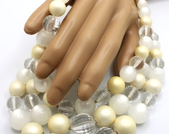 50's Coro Triple Strand Woman's Necklace Graduated Round Beads in Smoky White, Pale Butter and Clear with Beveled cuts. 17 Inches