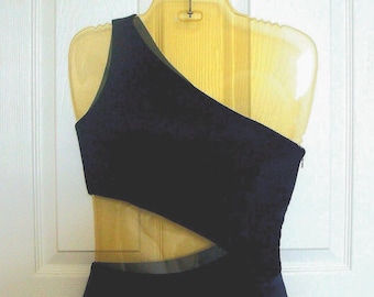 Vintage Carmen Marc Valvo Evening Dress- Formal Dress, Floor Length- Navy Blue, One Shoulder with mid section cut out_Size 2