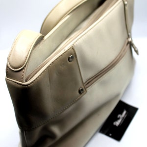 Vintage Paloma Picasso Taupe Satin and Leather Shoulder Handbag-Large Size-Zipper Top Enclosure-Iconic-Like New