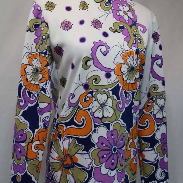 1960 Woman's Blouse Bold Colors Flower Print Long Sleeved Collarless by Joyce Lane Size Large Polyester Go-Go Wear Twiggy