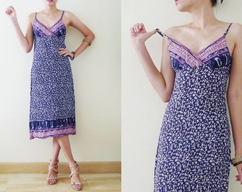 vtg JACOB ANNEXE dress, 100% rayon sleeveless midi dress, spaghetti strap,Aloha,tribal,sun dress,summer,boho,hippie,folk,made in India, XS-S