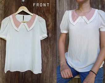 90 Lovely cream short sleeves blouse with cute salmon collar, office blouse,preppy,scallop collar,semi sheer,puff sleeve,formal shirt, Small