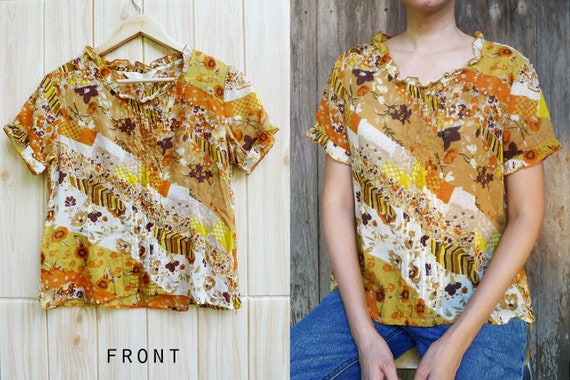 90s Colorful orange Indian gauze cotton top,summer