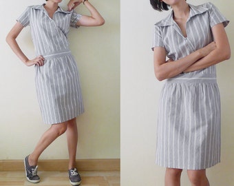 CUTE vintage 80s gray and white pin stripe shirt wasit dress, short sleeve mini dress,with collar, v neck, cotton, zakka style,minimal,Small