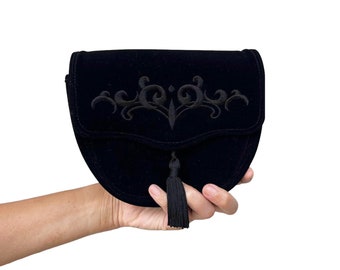 Japanese Vintage Plain Black Velvet clutch with tassel,embroidery at front,handbag,evening bag,Hippie,Bohemian, Goth purse, Wednesday Addams