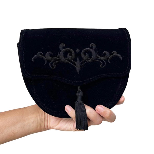 Japanese Vintage Plain Black Velvet clutch with tassel,embroidery at front,handbag,evening bag,Hippie,Bohemian, Goth purse, Wednesday Addams