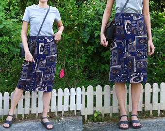 80s Japanese Vintage dark Navy and brown midi skirt, high waist, Abstract printed, graphic pattern, slit at back, a- line, office skirt, S-M
