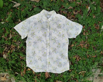 Vintage Cotton mix with Linen Cream floral printed button up top, collar top,short sleeve, summer, beachwear,Okinawa,formal,zakka,comfy, S-M