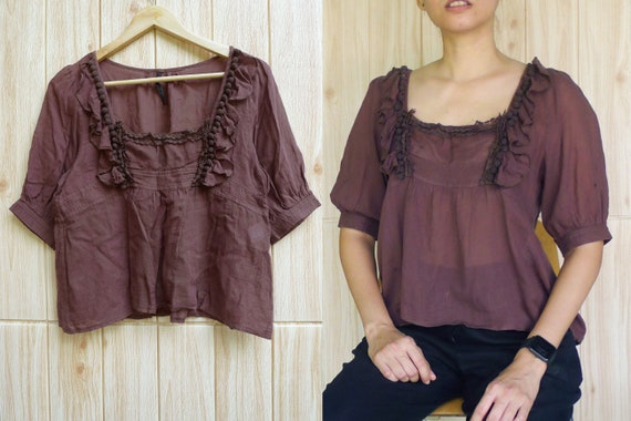 90s Brown Indian gauze cotton top with pom pom det