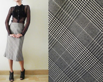 Vintage 80s black and white PLAID high waist skirt, a-line skirt, formal midi skirt, tartan, gingham, Check,square, graphic,minimalist, XS-S