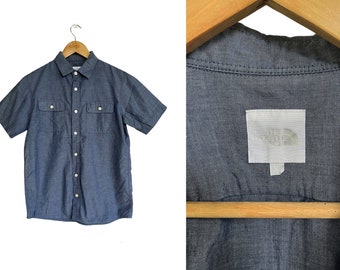 90s The North face Blue Chambray shirt, men's button down top, collar top, short sleeve, summer, beachwear,streetwear ,comfy, Small