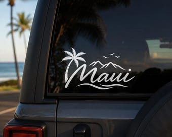 Maui Vinyl Decal | Tropical Island Car Window Sticker | Palm Tree Beach Mountains | Hawaii Travel Decal